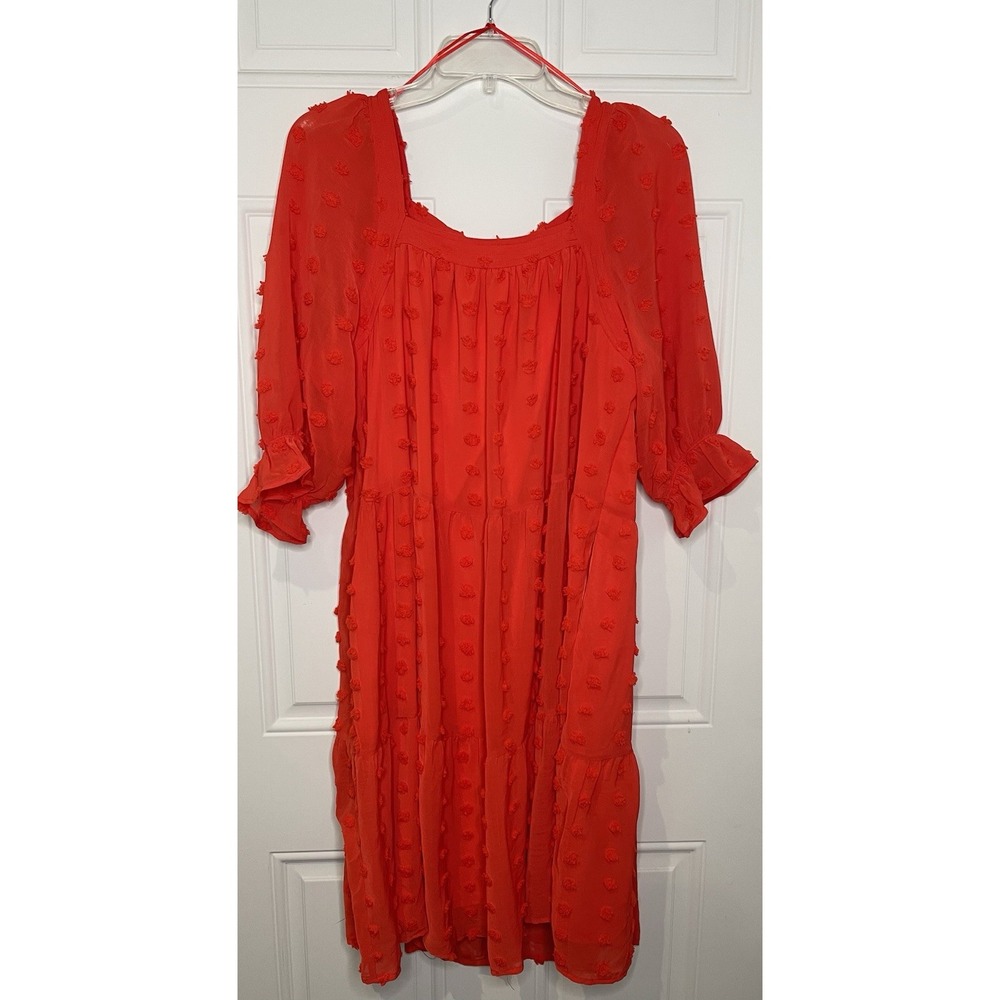 Betsey's Boutique Shop Medium Coral Red Textured Dot Tiered Half Sleeve Dress